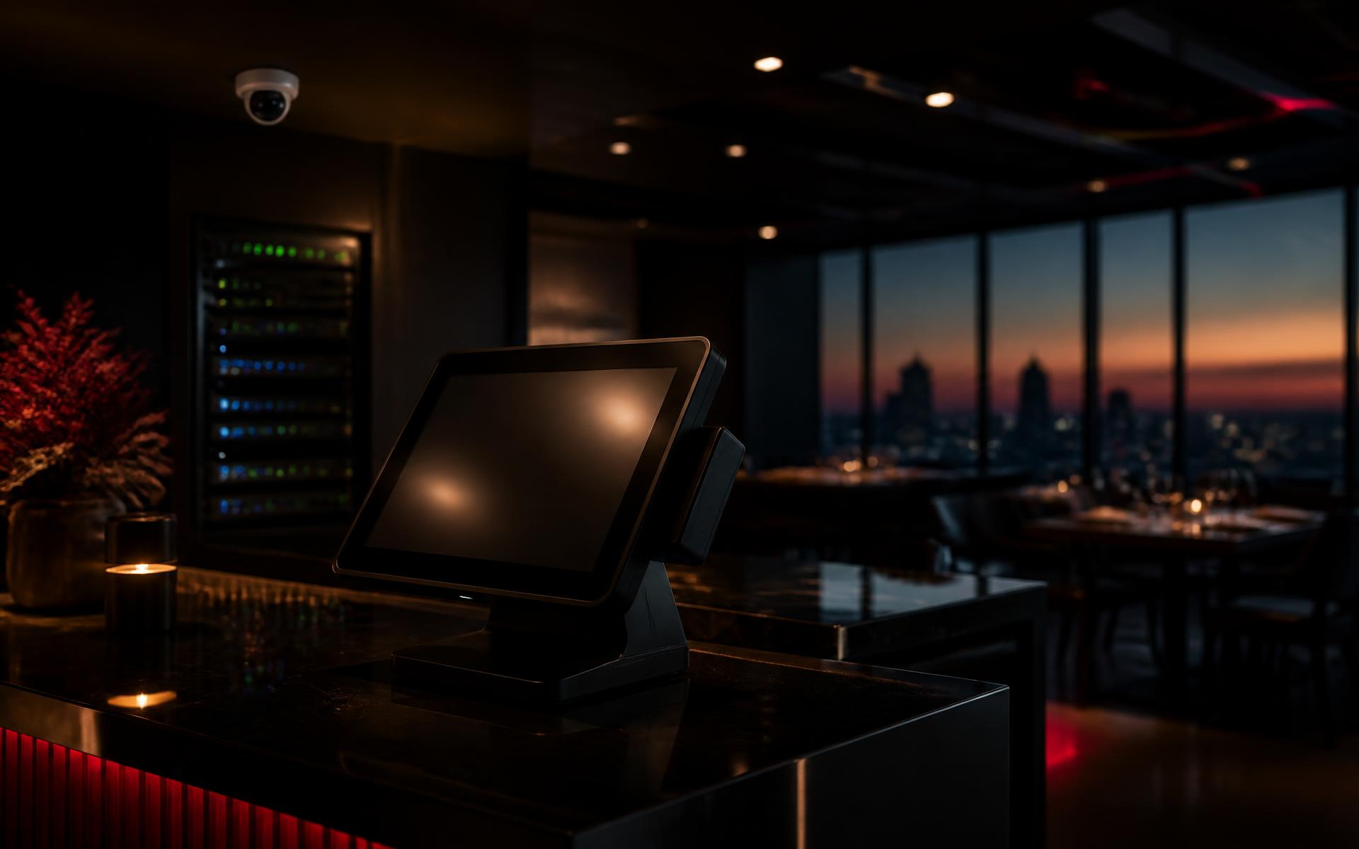 Modern restaurant counter with a POS terminal, ceiling security camera and network rack